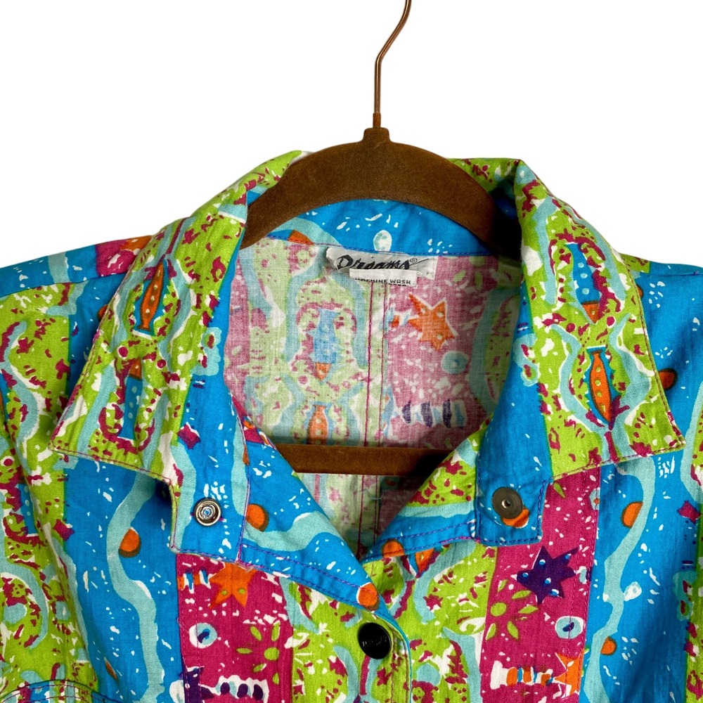 Vintage 80s Dreams Abstract Fish Romper XL Short Sleeve 90s Playsuit Jumpsuit - Picture 3 of 11